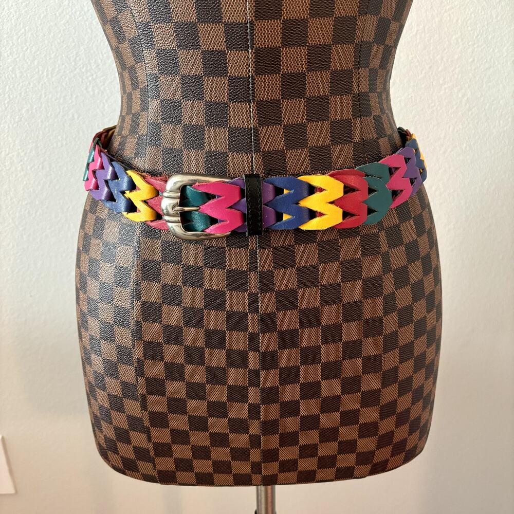 Vintage Rainbow Leather Belt 34" Multicolor Retro Woven 1980s 1990s Unisex M - Picture 2 of 8